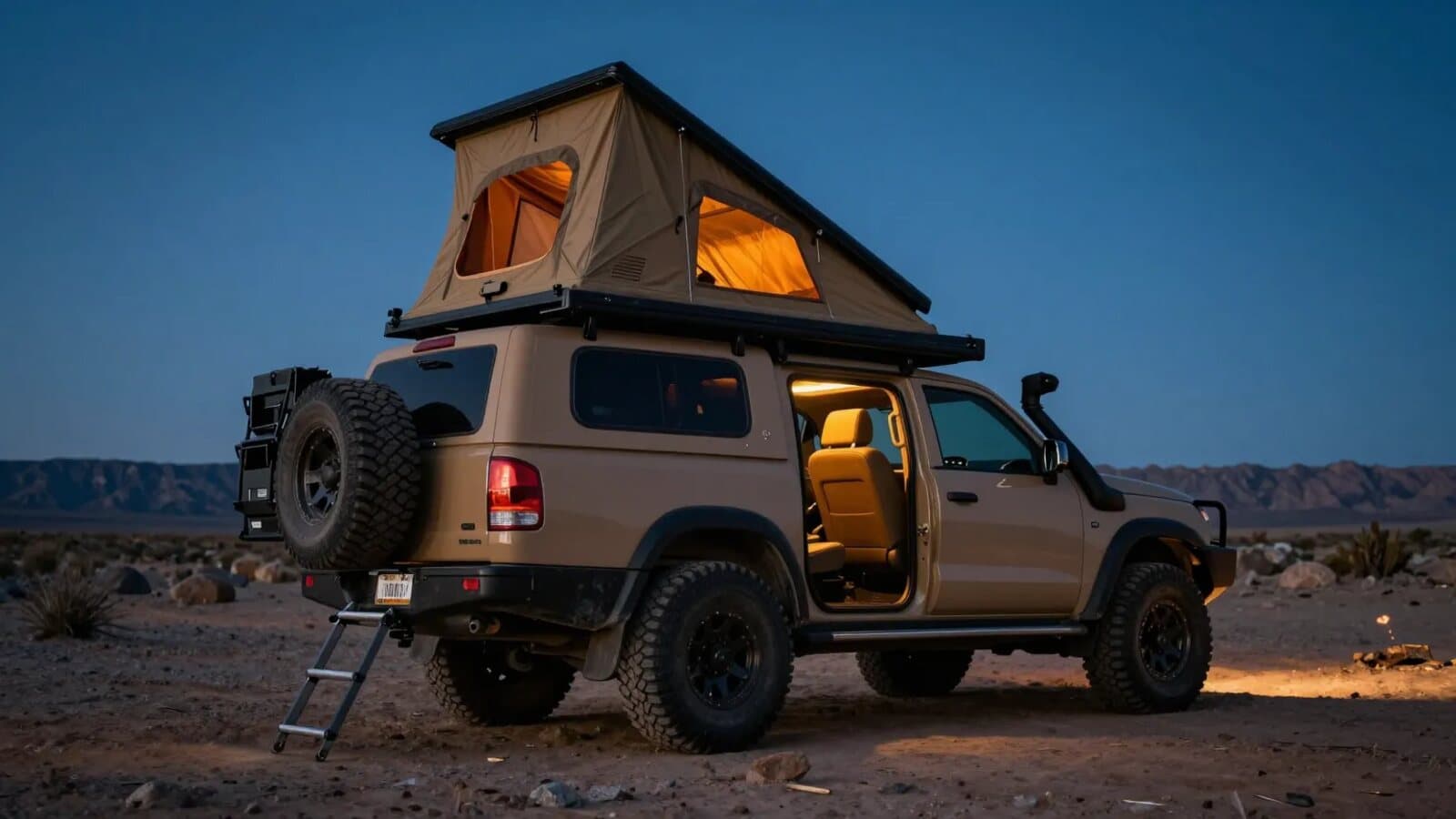 Bristlecone rear three-quarter view with rooftop tent deployed