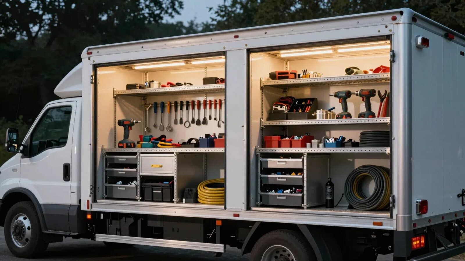 Ironwood service body compartments open, tools racked