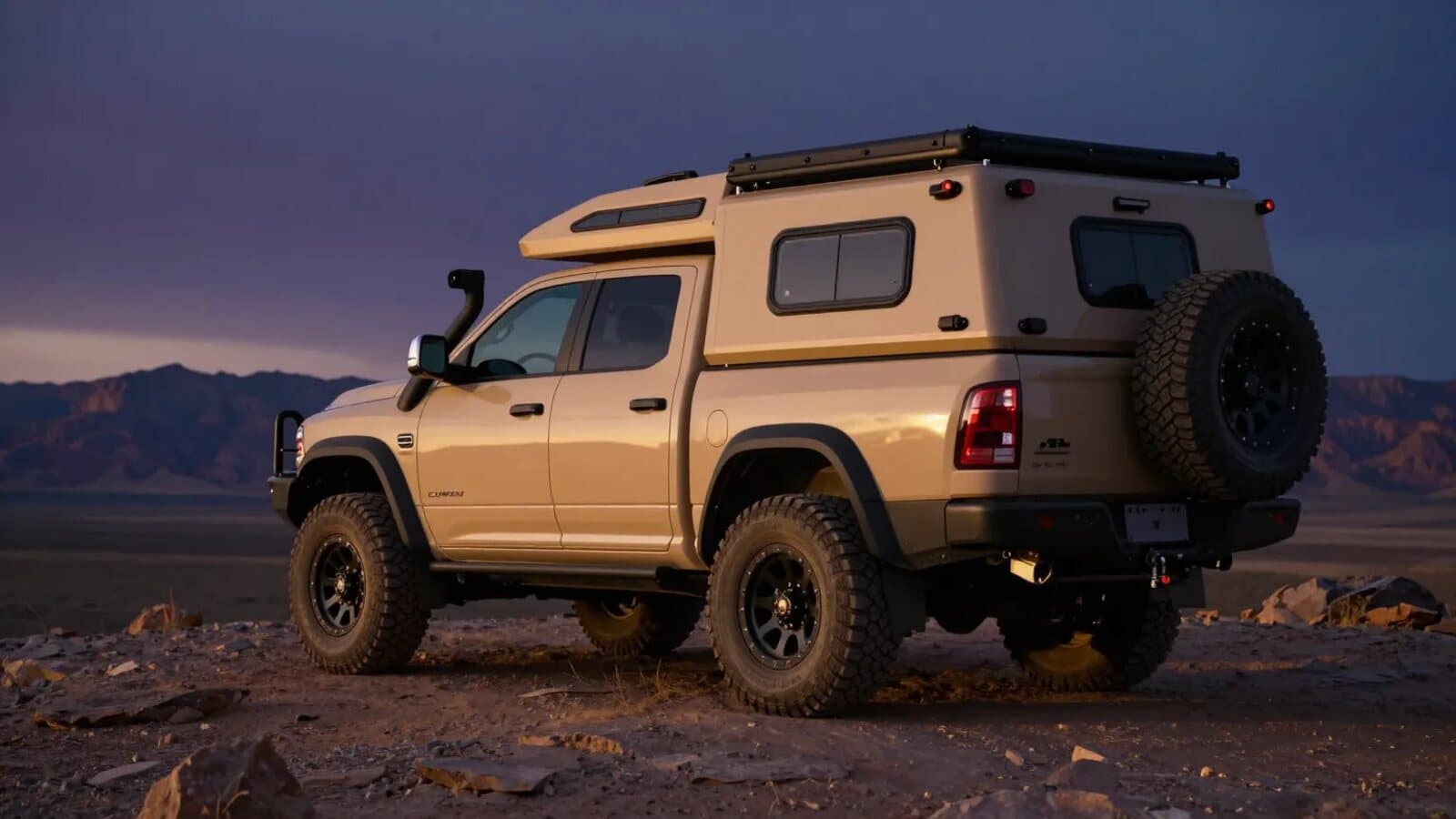 Bristlecone expedition truck parked on a desert ridge at dusk