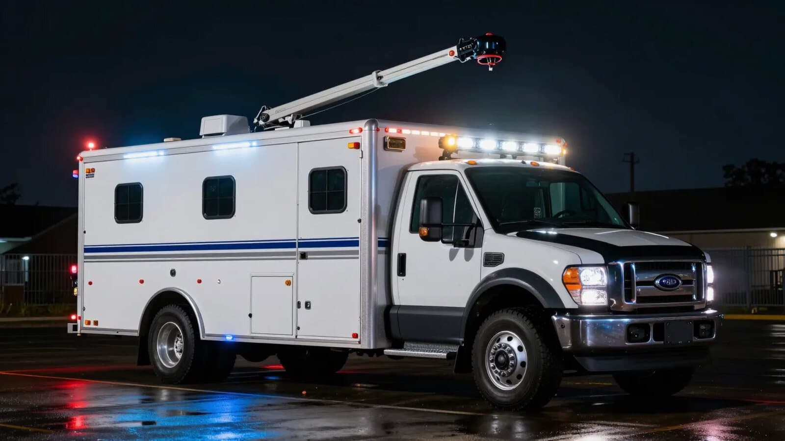 Sentinel command truck staged at night with light bar on